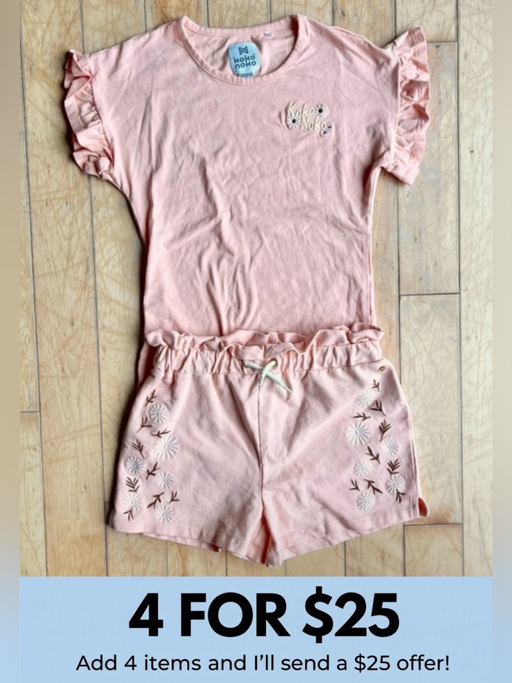 Koko Noko Floral Orange/Coral Ruffle Sleeve Tee Embroidered Shorts Set Size 10Y